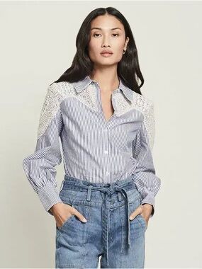 Veronica Beard: Striped Button-Up Shirt with Crochet Yoke
